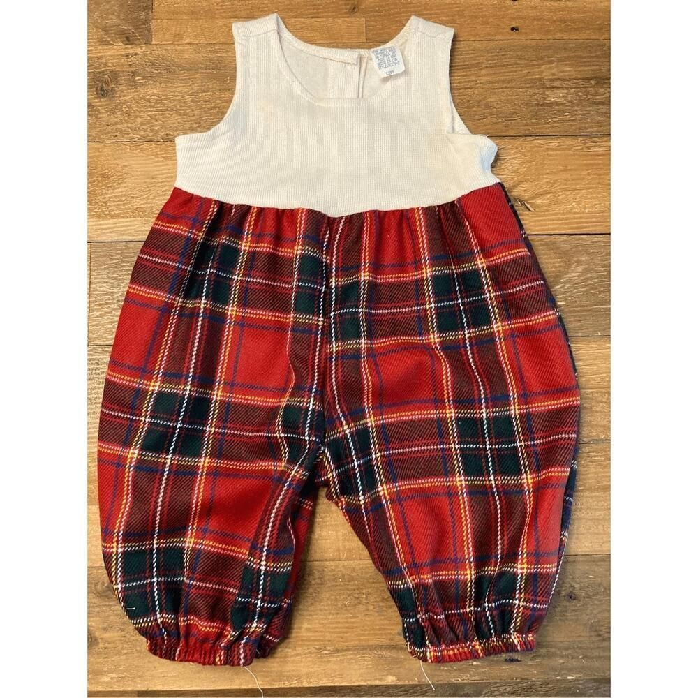 Baby size 12 months plaid romper jumper outfit red white vintage made in USA